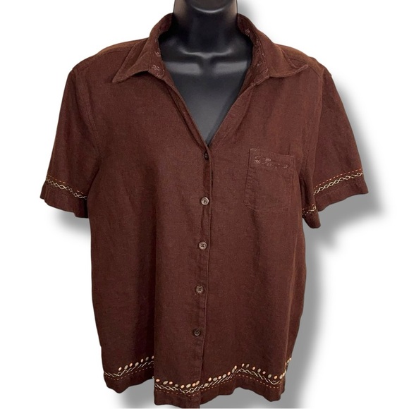 Vintage Large Classic Elements Brown Linen Blend Short Sleeve Button Up Top - Picture 1 of 13
